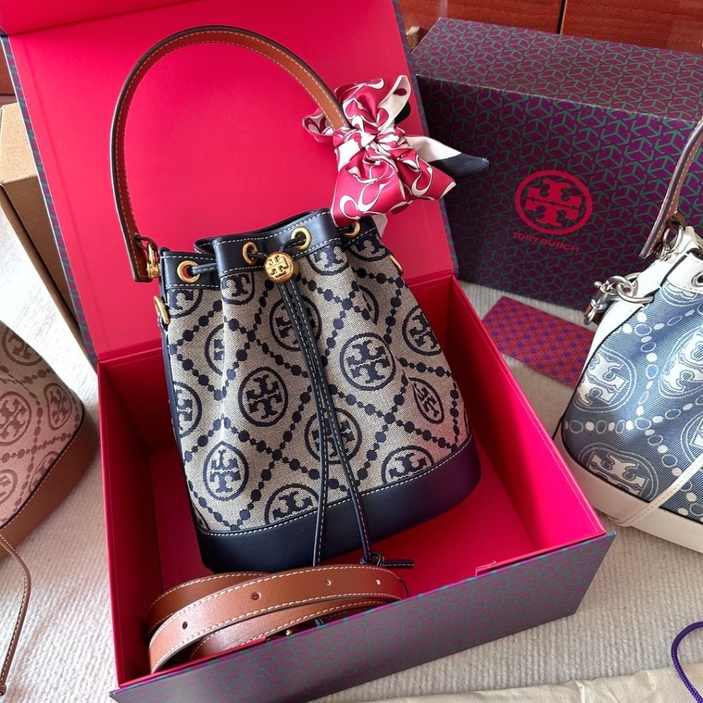 COPY - Tory Burch T Mini Monogram Embossed Blue Bucket Bag